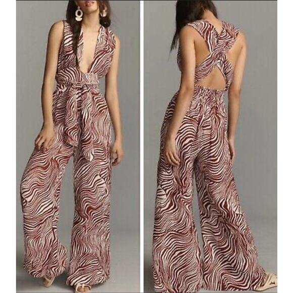 FAITHFULL THE BRAND Anthropologie Vacanza Linen Zebra Halterneck Jumpsuit SZ 4 - Picture 1 of 11